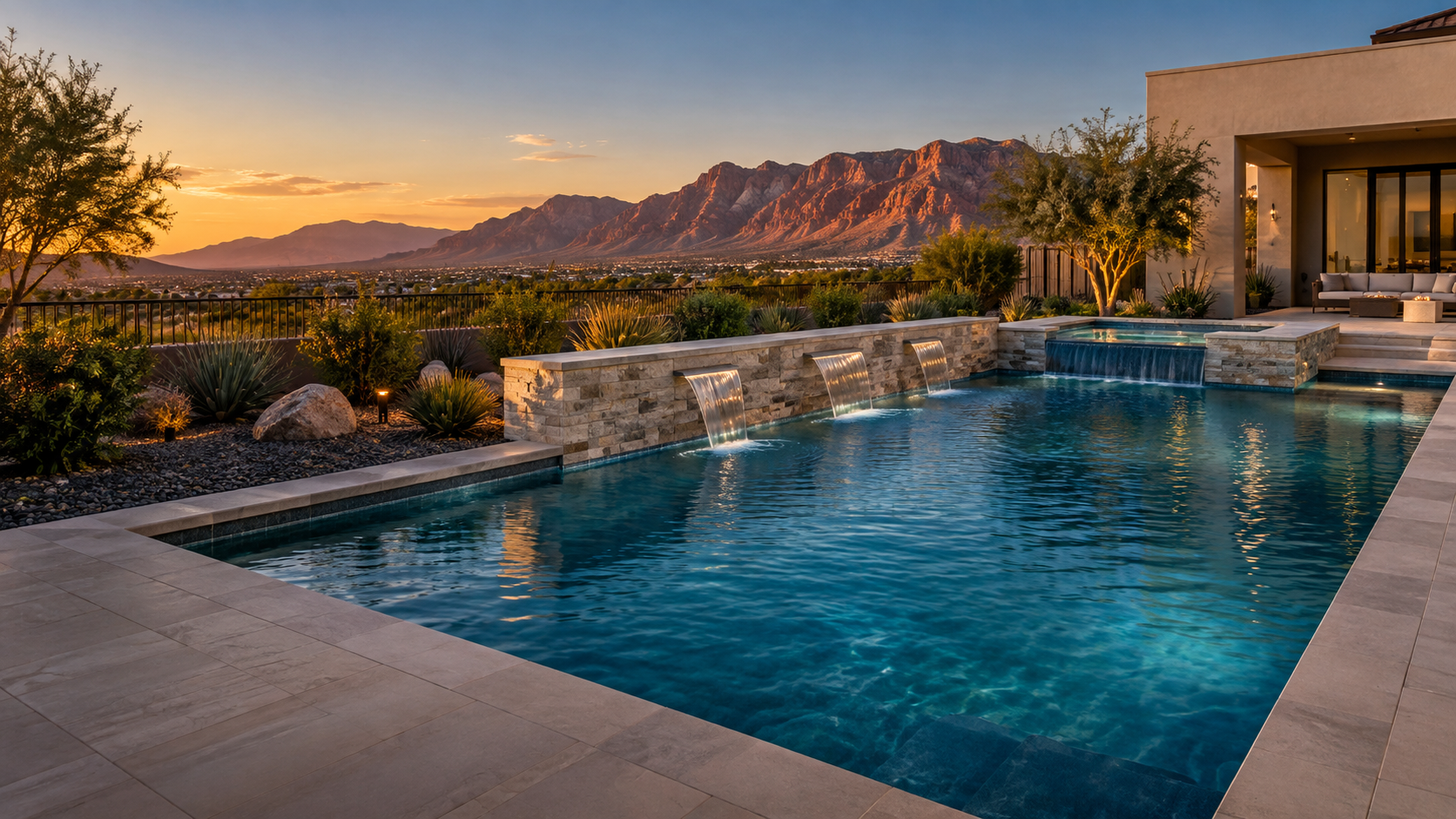 Custom inground swimming pool and spa in a landscaped backyard